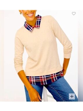 J.Crew Factory Woven Collar Sweater | 100% Cotton | Plaid Layered Look | XS
